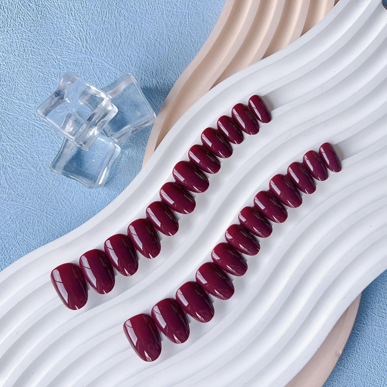 Burgundy Wine Red Short Almond Press on Nails, 24Pcs Solid Color Fake Nails for Women - Image 4
