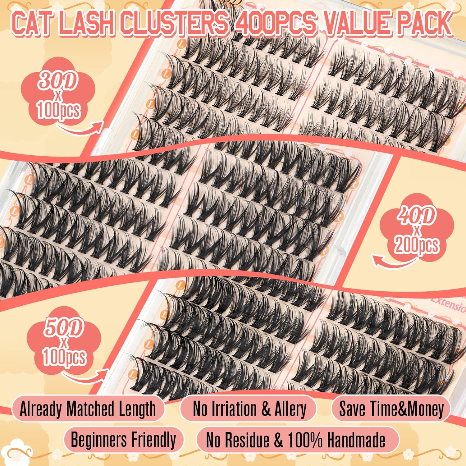 Cat Eye Wispy Lash Clusters 30D 40D 50D Individual Lashes 400pcs 8-18mm Assorted Lengths - Image 5