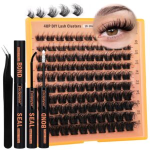 Focipeysa Thick Lash Extension Kit Full Volume Lash Clusters 40P Eyelash Extension Kit DIY Lash Extension Kit with Bond and Seal Glue, Lash Applicator DIY at Home for Beginner (40P 10-18MM)