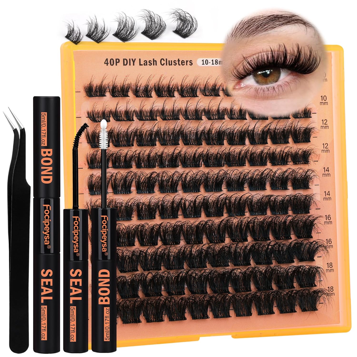 Focipeysa Thick Lash Extension Kit Full Volume Lash Clusters 40P Eyelash Extension Kit DIY Lash Extension Kit with Bond and Seal Glue, Lash Applicator DIY at Home for Beginner (40P 10-18MM)