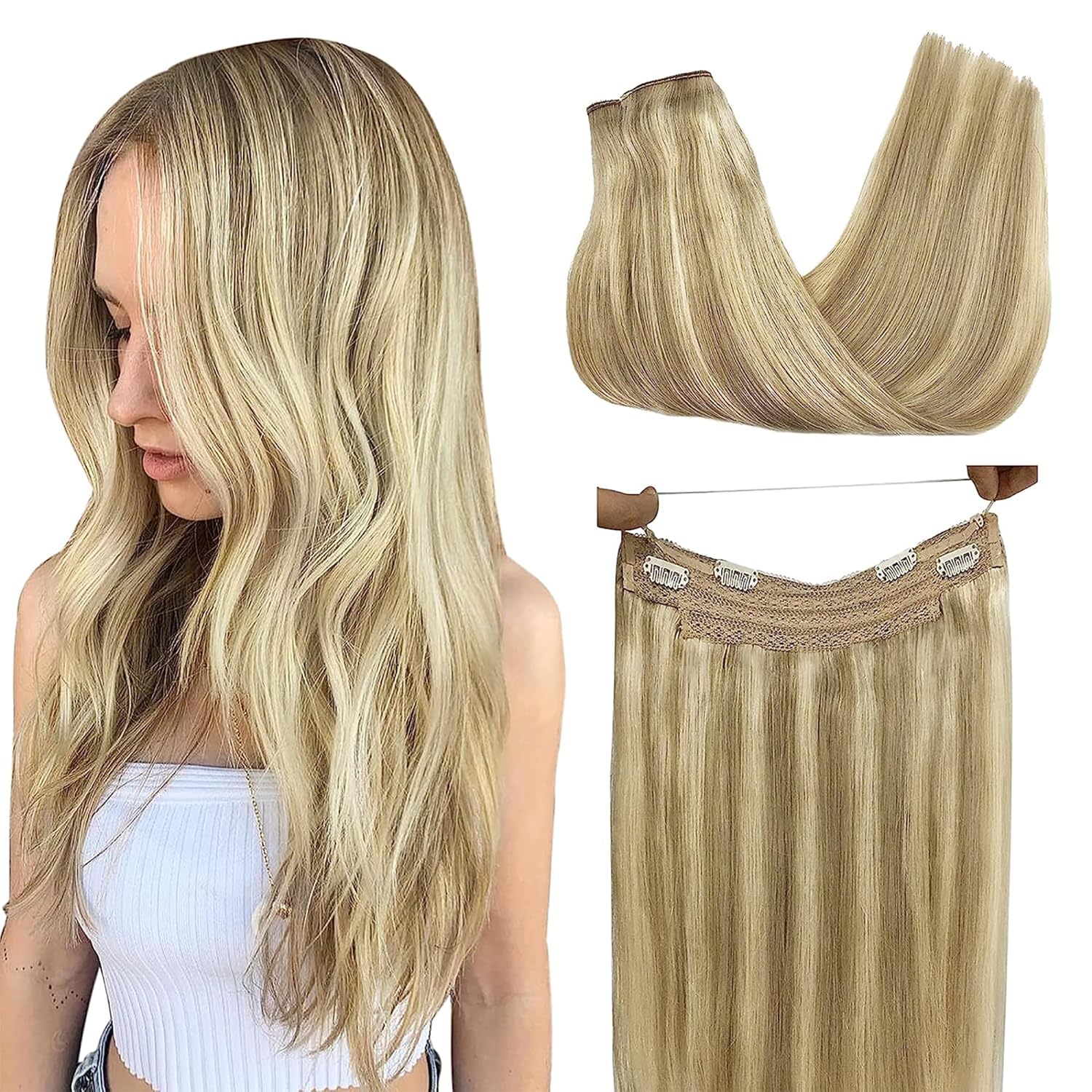 GOO GOO Wire Hair Extensions Human Hair, 16/22 Light Blondewith mix Golden Blonde Highlighted 12inch 70g, Invisible Wire Hair Extensions with Transparent, Seamless Fish Line Hairpiece
