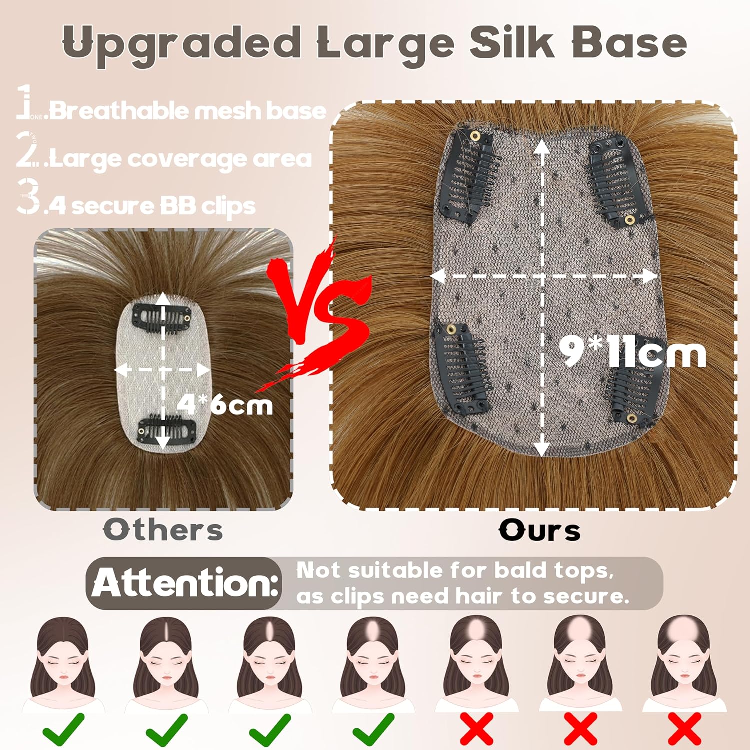 Real Human Hair U-Shape Clip-In Topper with Bangs, 150% Density, Light Brown, 13 Words - Image 2
