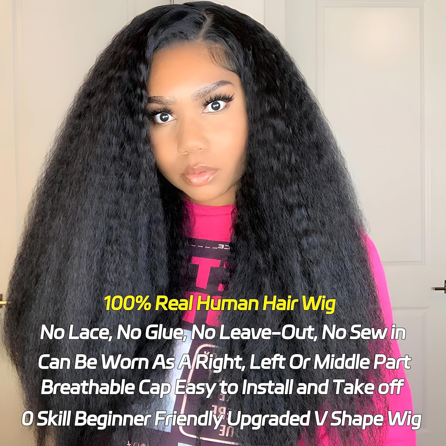 V Part Kinky Straight Human Hair Wig 16 Inch Glueless Clip-in Half Wig for Women - Image 2