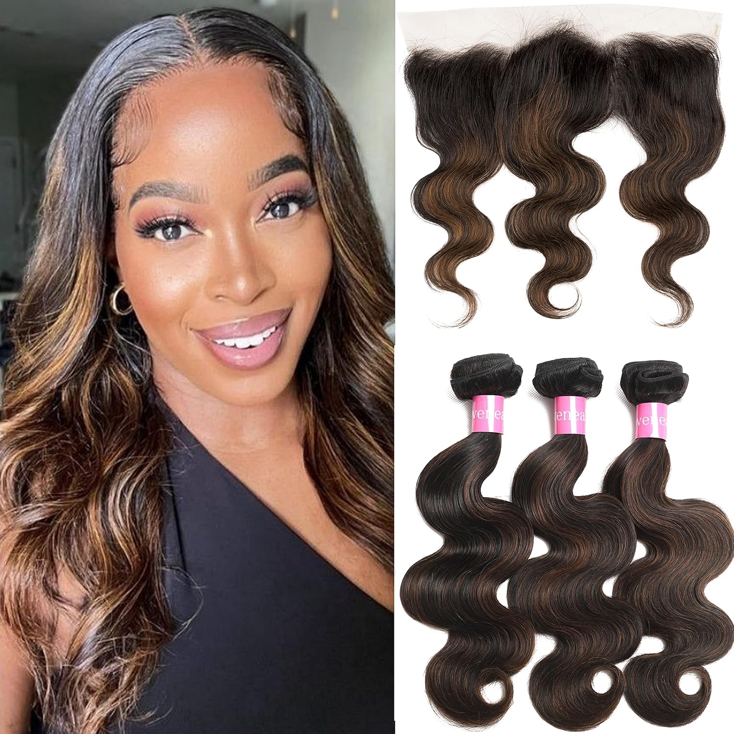 Frontal with 3 Bundles 12 14 16+10 FB30 Color Brazilian Body Wave Bundles with 13x4 Lace Frontal Closure 100% Body Wave Virgin Human Hair Weft Extensions (12 14 16+10)