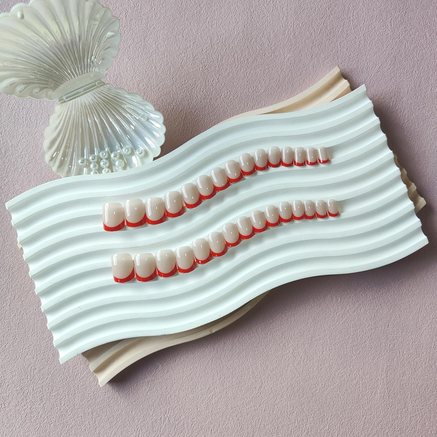 30Pcs Short Square Red French Tip Press on Nails with 15 Sizes for Women - Image 4