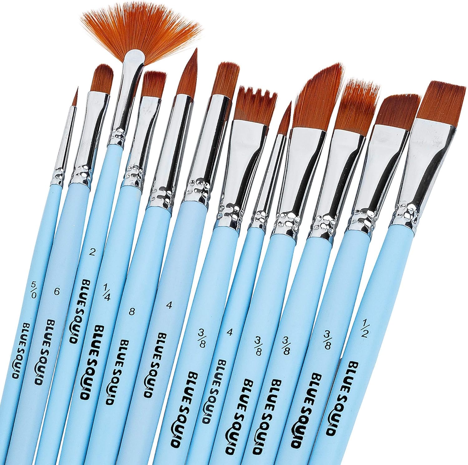 Blue Squid Watercolor Paint Brushes Set of 12 - Professional Artist Brush Set with Soft Synthetic Nylon Bristles - Art Brushes Ideal for Watercolor, Acrylic, Face & Body Painting for Kids to Adults