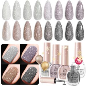AZUREBEAUTY Matte Glitter Nail Polish Set 4 Colors Diamond Platinum Silver Purple Black Nude Nail Polish Quick Dry Natural Nail Strengthening Kit with Top Coat DIY Salon Home