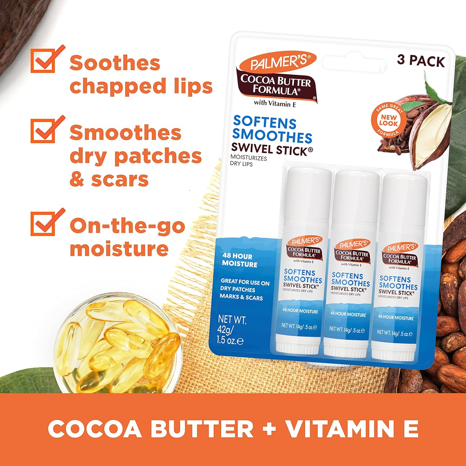 Palmer's Cocoa Butter Moisturizing Swivel Stick with Vitamin E, 3-Pack Lip Balm for Face and Body - Image 2