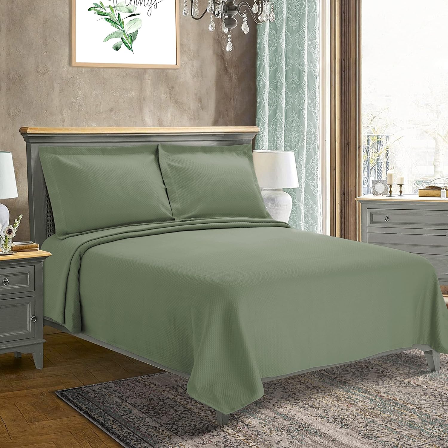 BNM Oversized Solitaire Matelasse Cotton Bedspread, Jacquard Weave, Soft and Breathable, All-Season, Cozy and Lightweight, Perfect for Master or Guest Bedroom, Matching Pillow Shams, Sage, Full