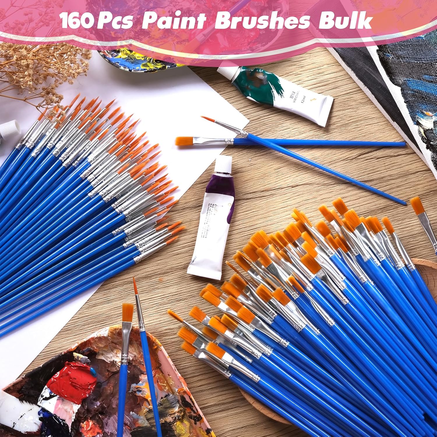 160 Piece Set Small Flat and Round Tip Kids Paint Brushes Classroom Art Projects - Image 4