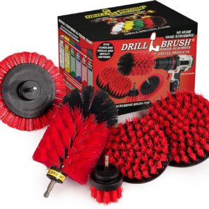 Drillbrush 5 Piece Red Stiff Nylon Cleaning Brush Set - Outdoor Cleaning Scrub Brushes for Cordless Drill - Siding Cleaner Brush Attachment - Deck Scrubbing - Birdbath Cleaner - Gravestone Scrubber