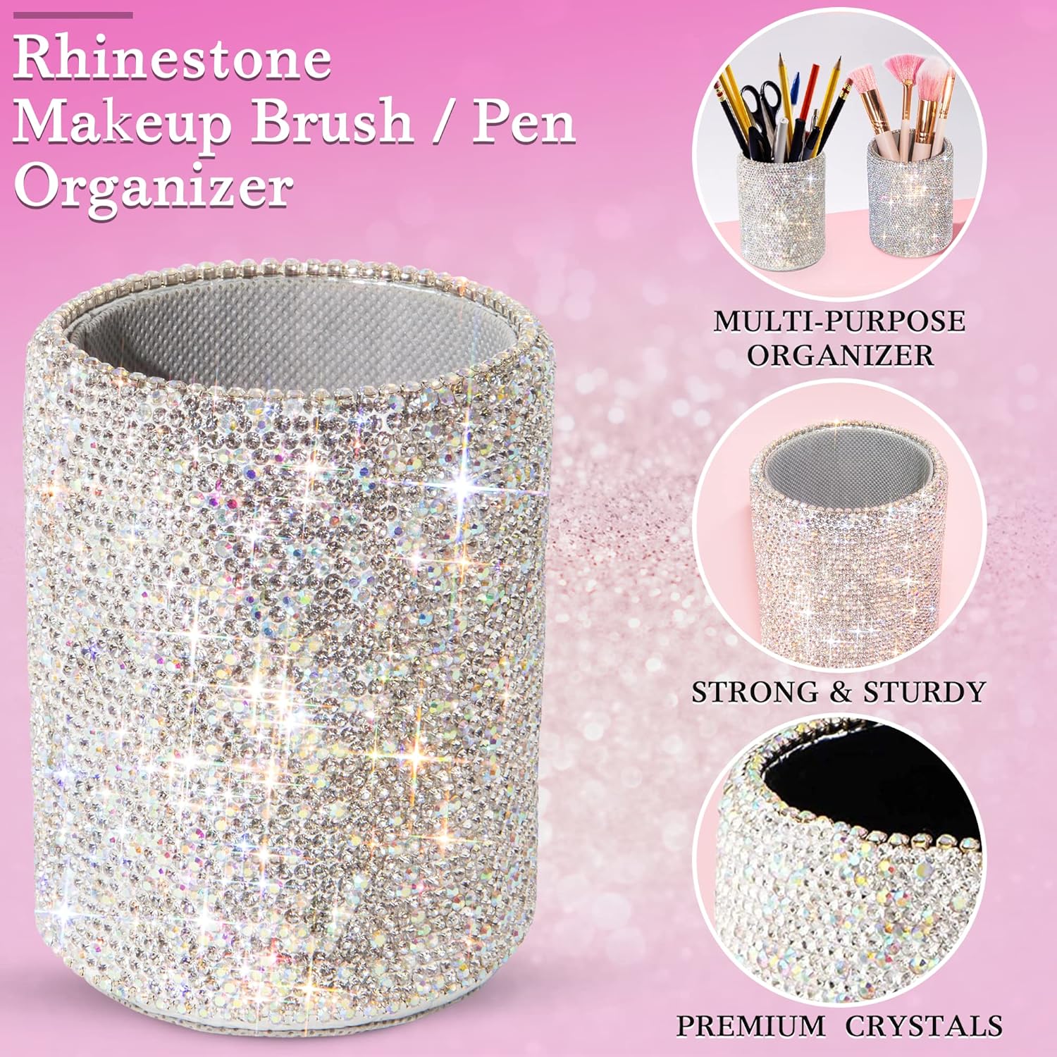 TISHAA Bling Cup Holder Organizer for Office Desk – Rhinestone Glitter Makeup Brush Storage Container - Image 2