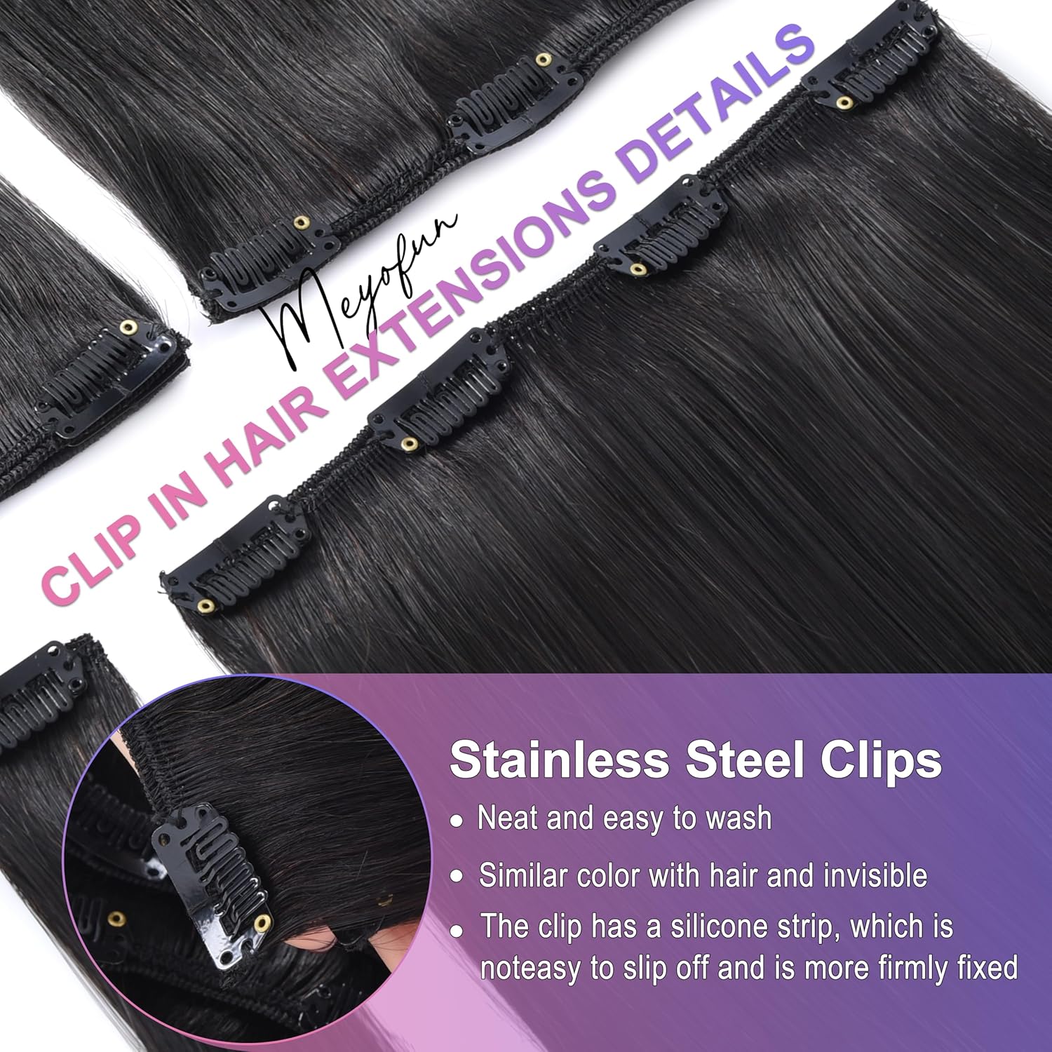 Clip in Hair Extensions Real Human Hair 16 Inch 90g Natural Black 8pcs Set - Image 4