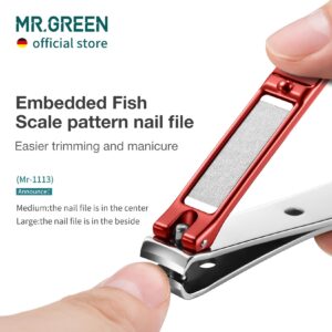 MR.GREEN Nail Clippers Curved Blades Fingernail Cutter Nippers Manicure Scissors Stainless Steel Pedicure Tools with Nail Flies (Medium-Red)