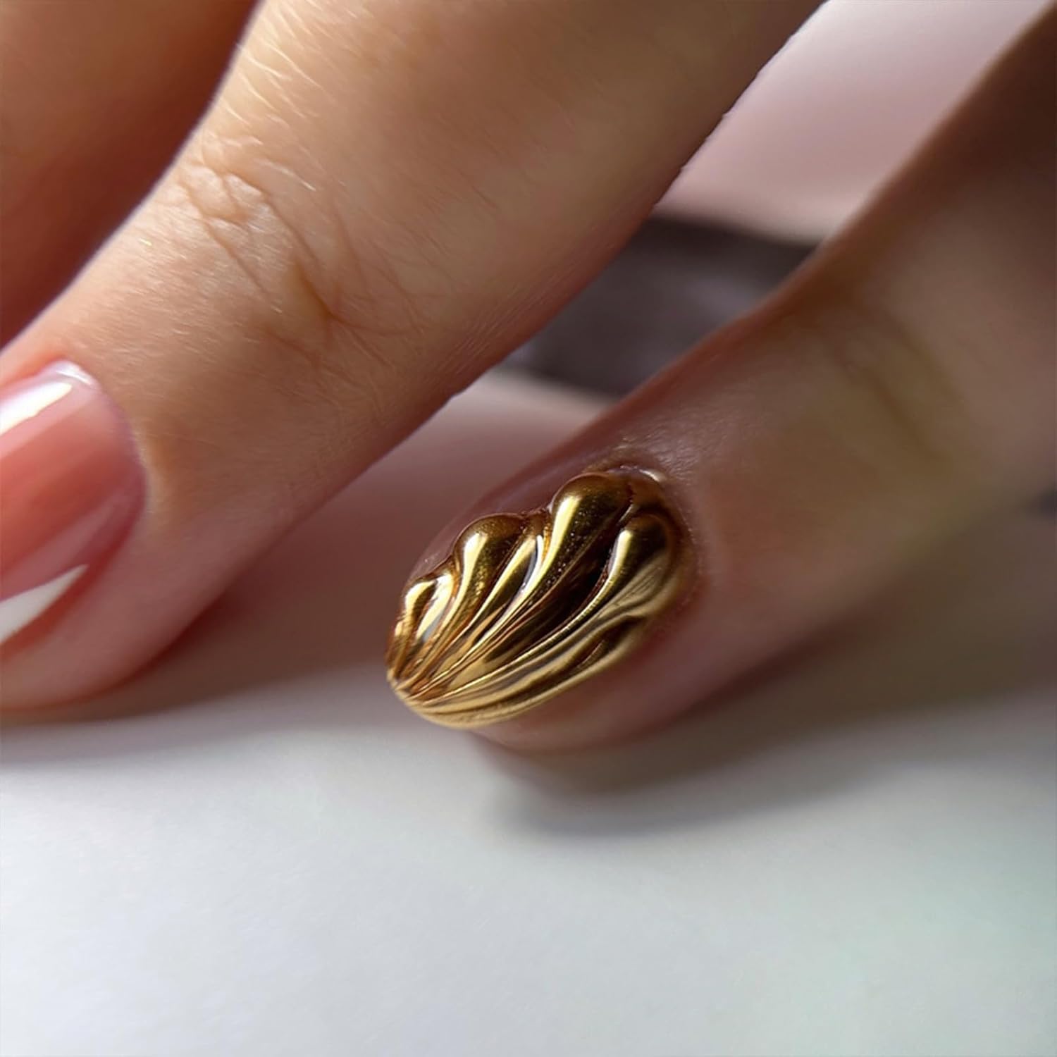 Almond Medium 3D Gold Chrome French Tip Press on Nails for Women - Image 3