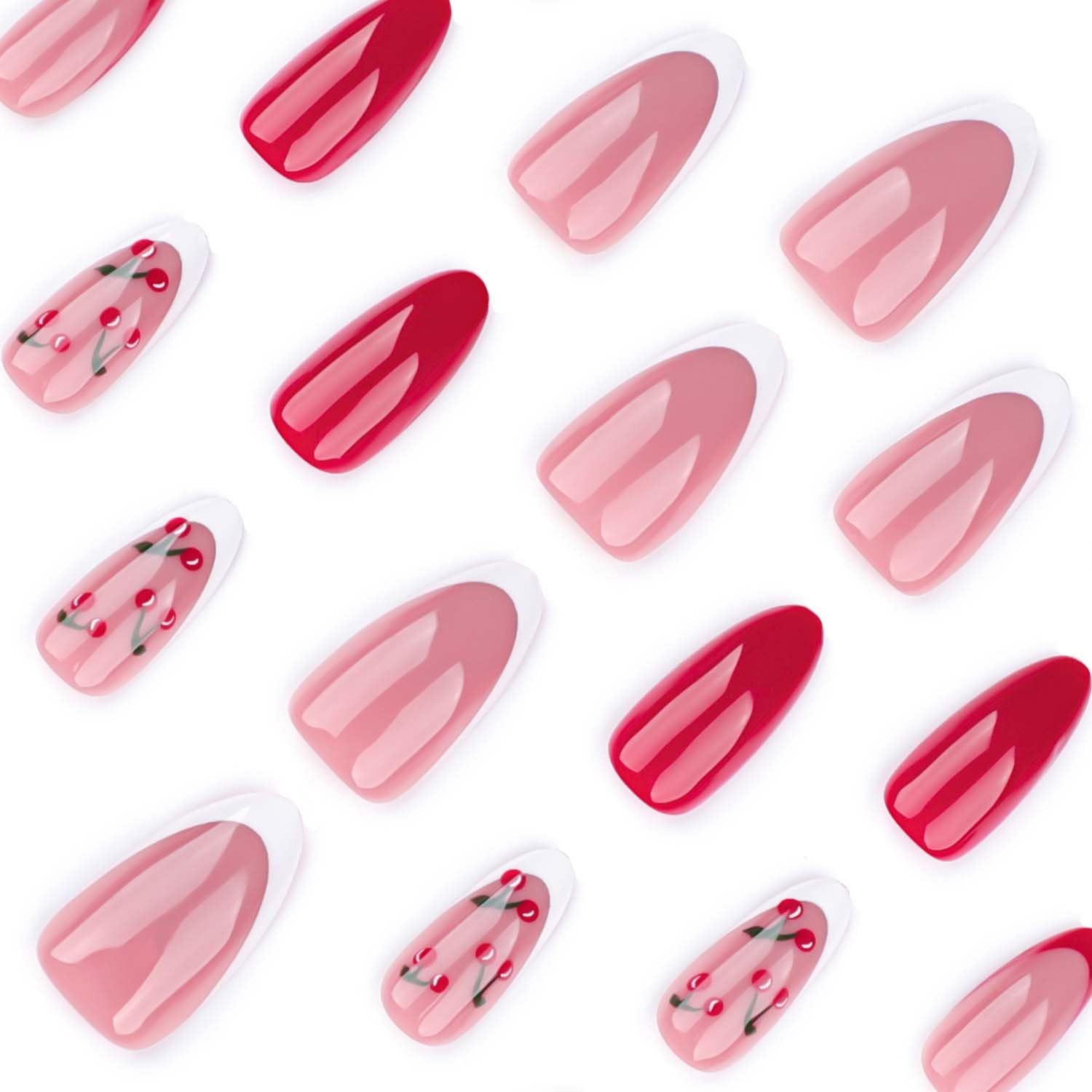 Medium Almond Glossy Pink Cherry French Tip Press On Nails Set - Image 4