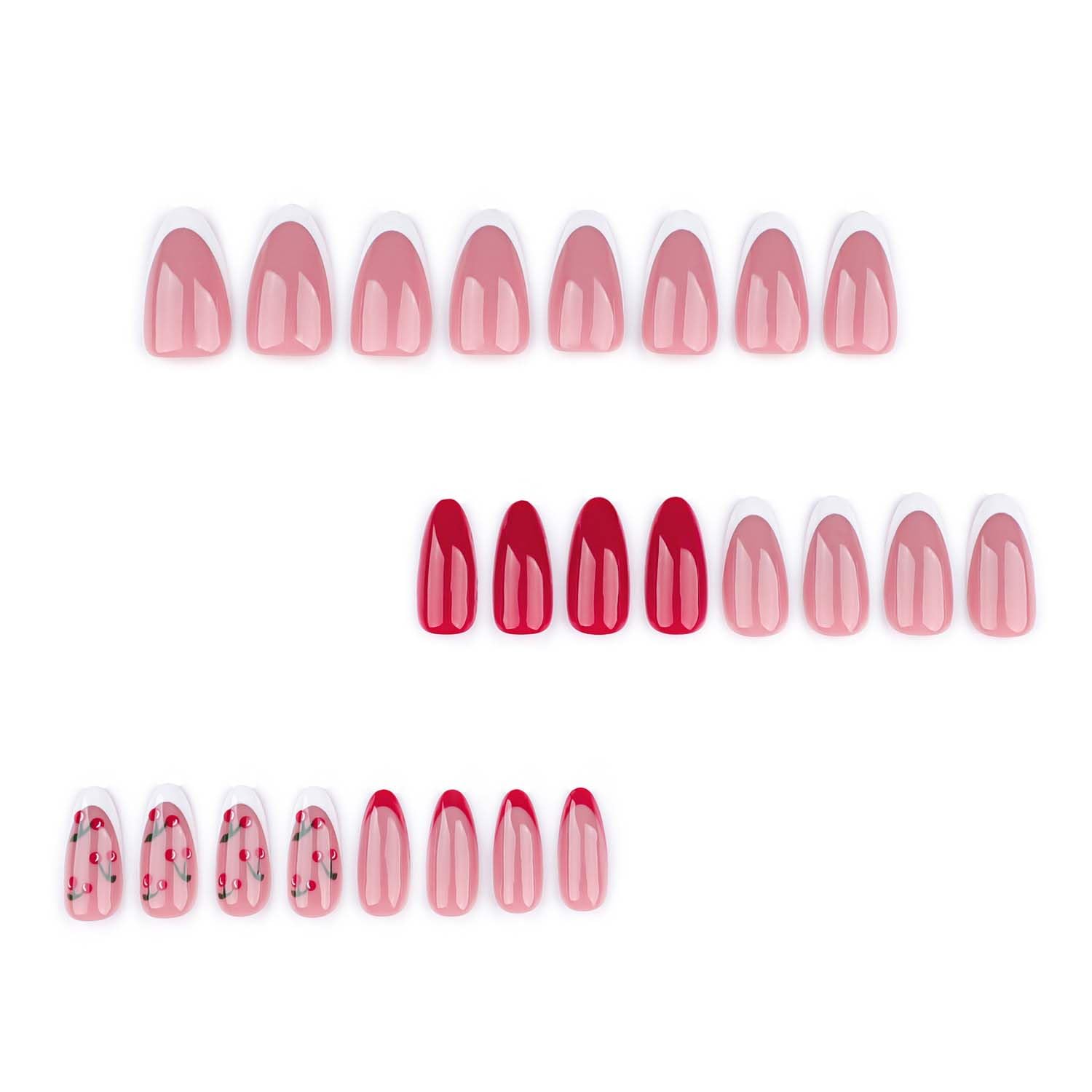 Medium Almond Glossy Pink Cherry French Tip Press On Nails Set - Image 7