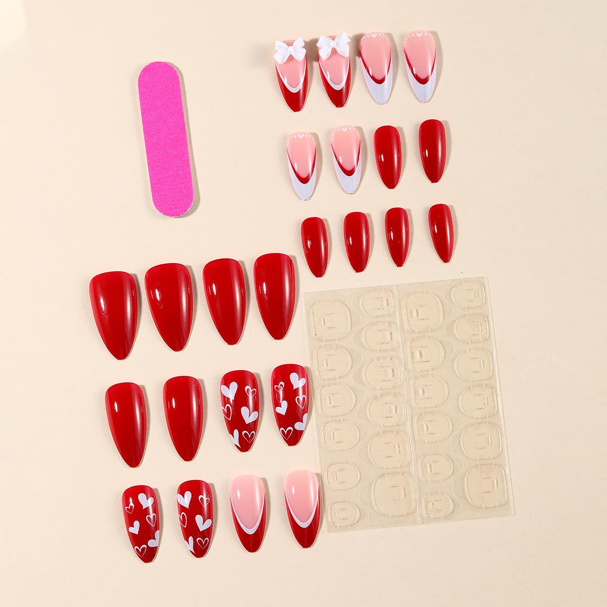 Medium Red Acrylic French Tip Almond Press on Nails with Heart Bow Design 24 Pieces - Image 2