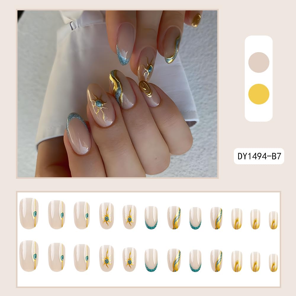 Short French Tip Oval Almond Acrylic Nails Gold Sun Marble Design 24 Pcs Set - Image 5