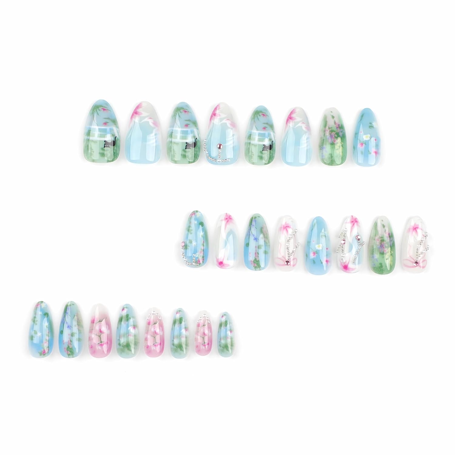 BABALAL Medium Blue Green Almond Stiletto Acrylic Press On Nails 24Pcs Bow Design - Image 4