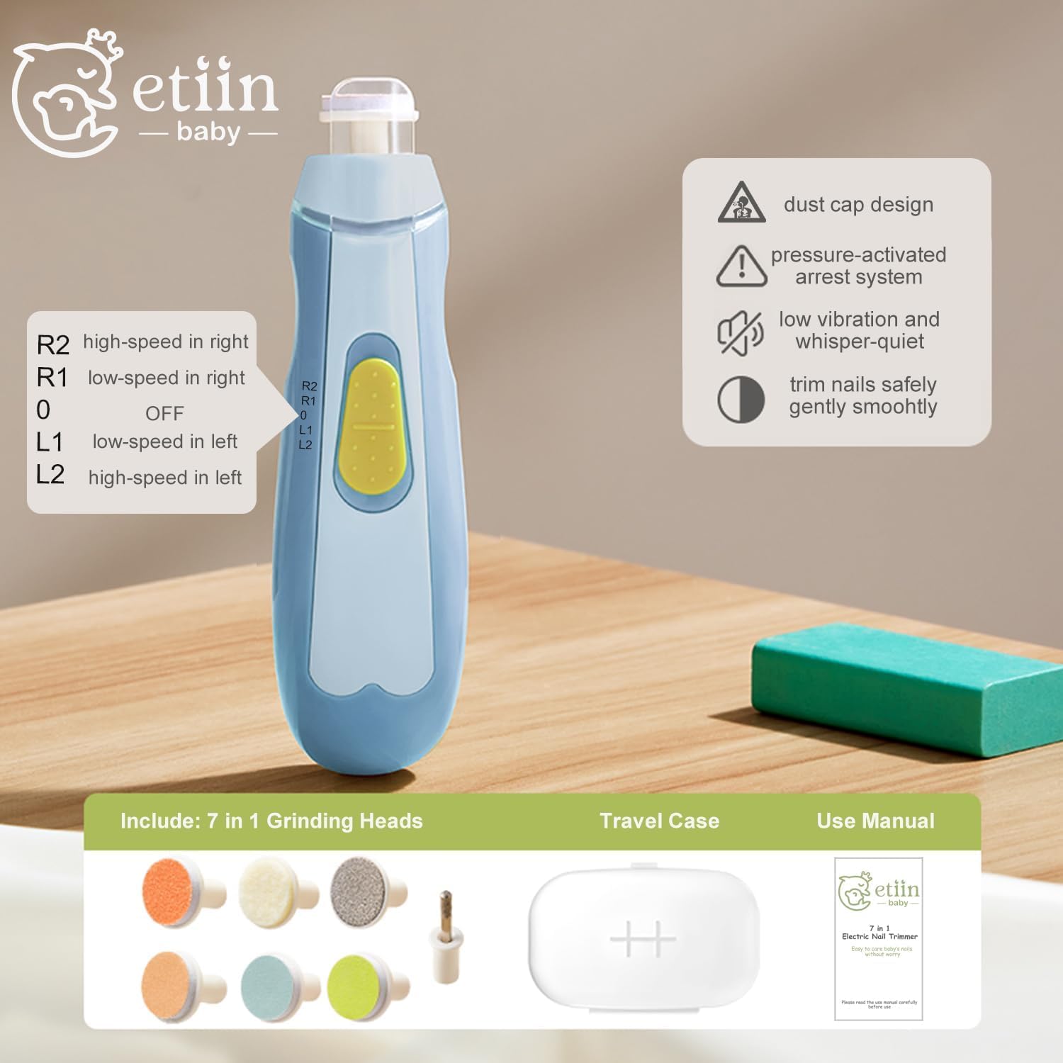 Gentle Baby Electric Nail File and Trimmer with 7 Buffers, LED Light, and Case - Image 2