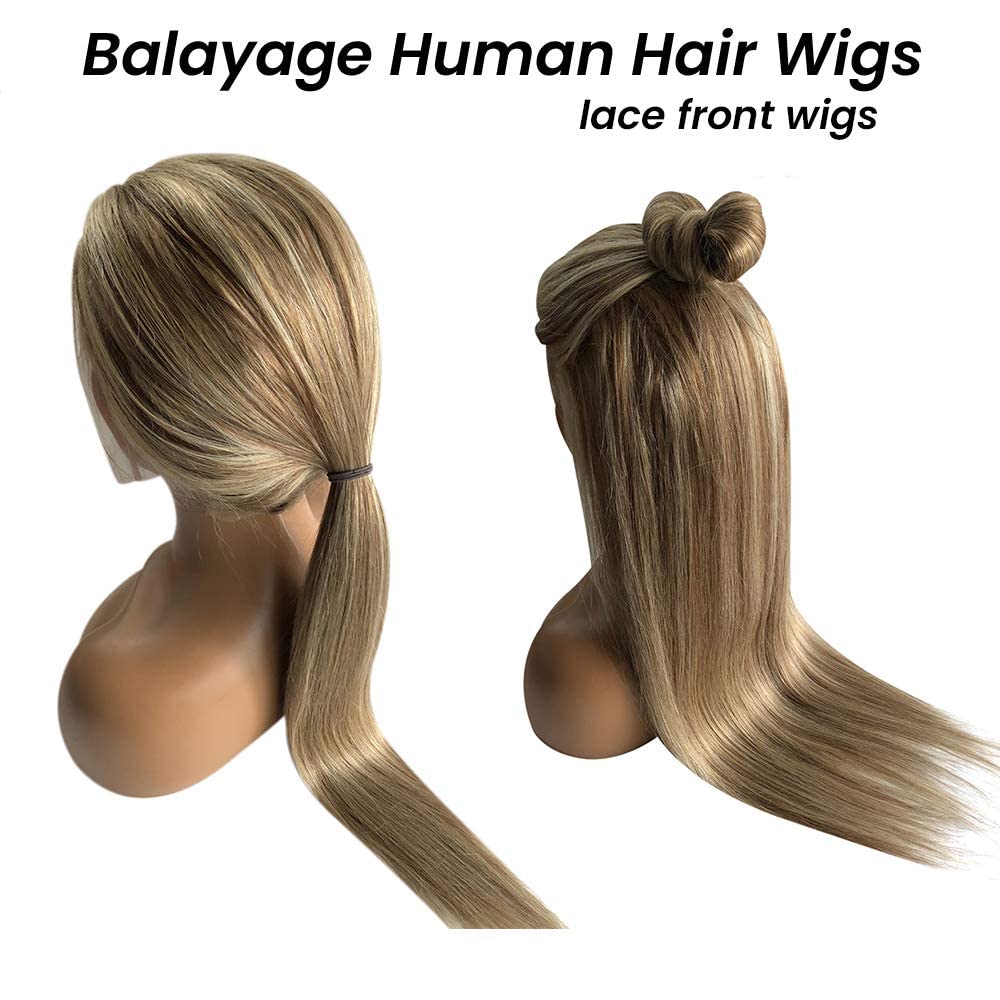 Balayage Blonde 28 Inch Lace Front Wig 150% Density Human Hair with Light Brown Roots - Image 2