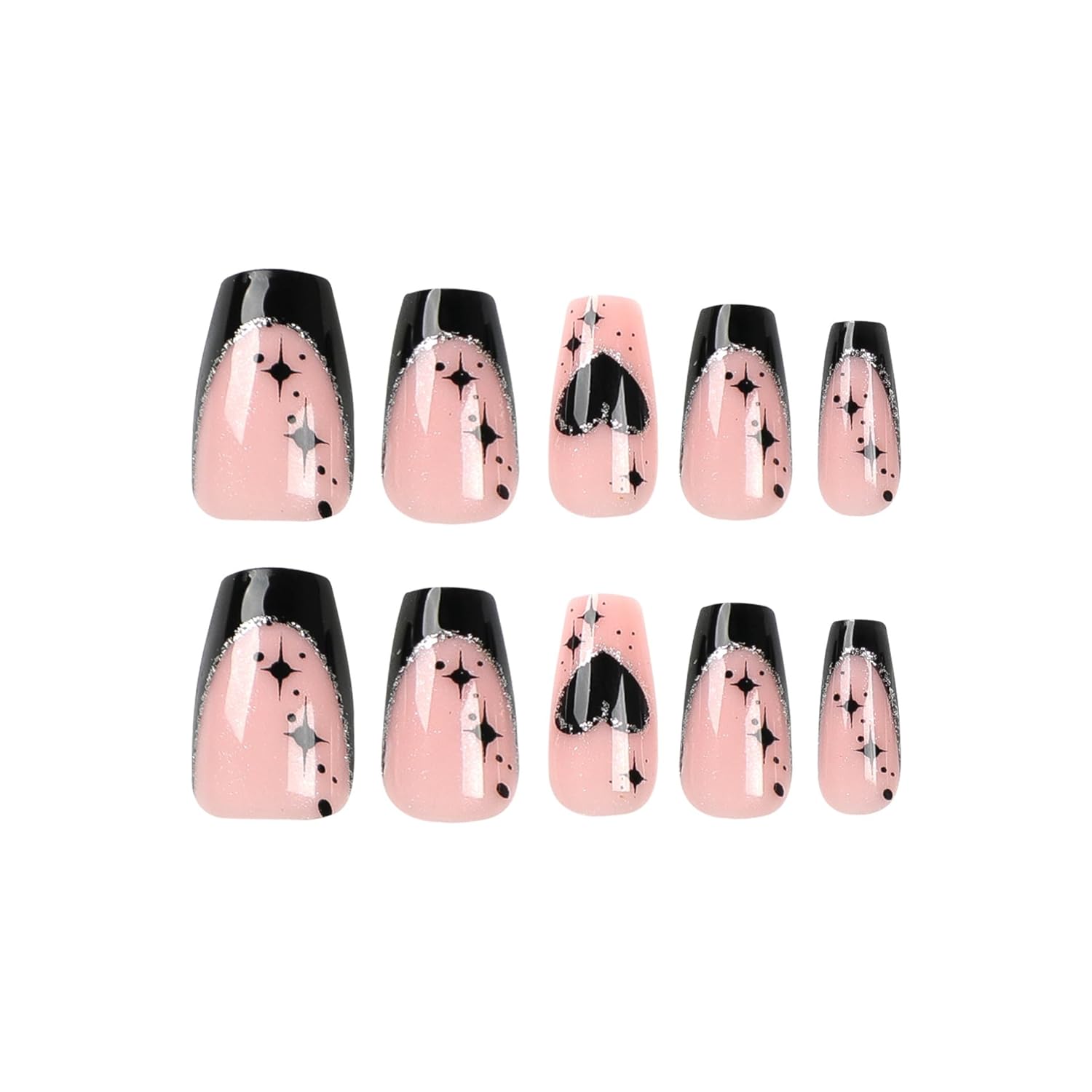 Black French Tip Medium Coffin Press on Nails Black Heart Star Design 24 Count - Image 5