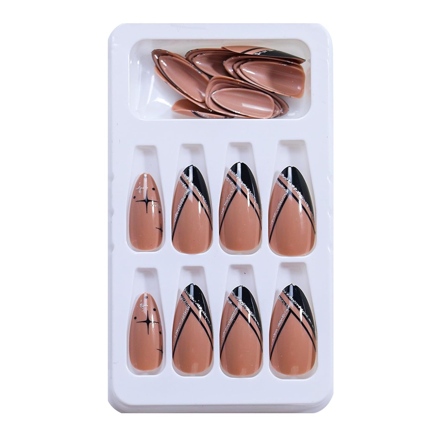 Medium Almond Black French Tip Press on Nails with Glitter and Silver Line 24Pcs - Image 5