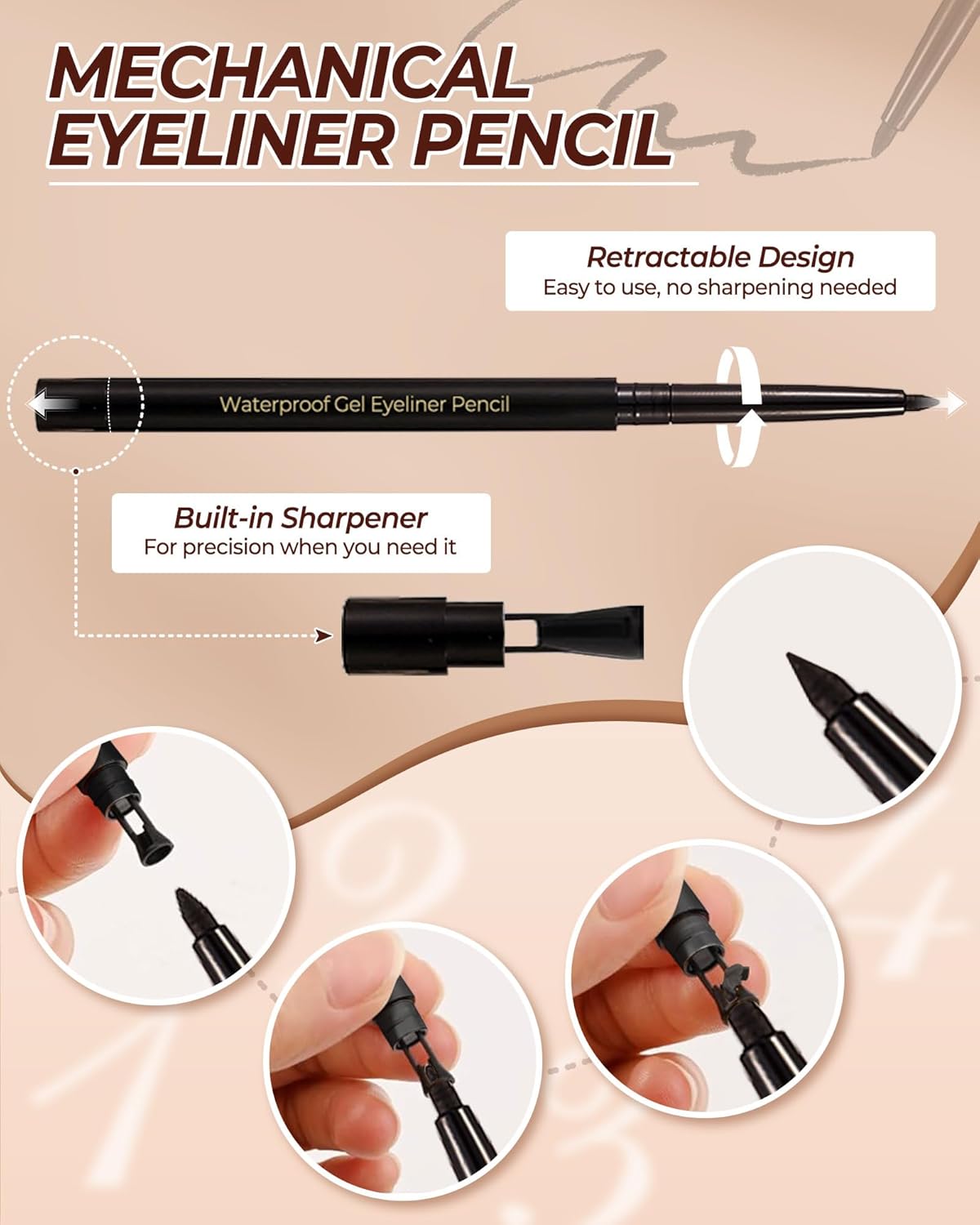 Black Retractable Gel Eyeliner Pencil with Built-in Sharpener and Eyeliner Stencil Tool - Image 5