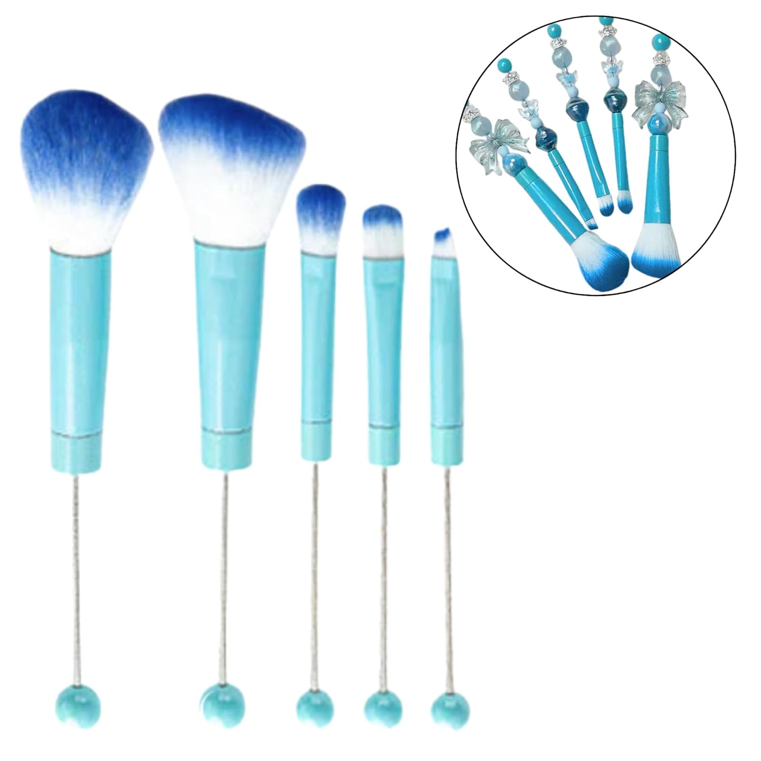 Blue Beadable Makeup Brush Set 5 Piece Cosmetic Tool Kit for DIY Crafting - Image 3