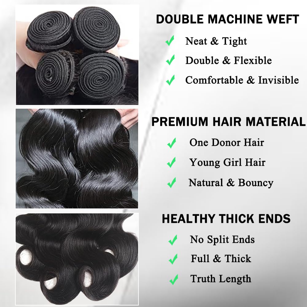 12A Grade Body Wave Brazilian Human Hair Extensions 18-24 Inch Double Weft Natural Black - Image 2