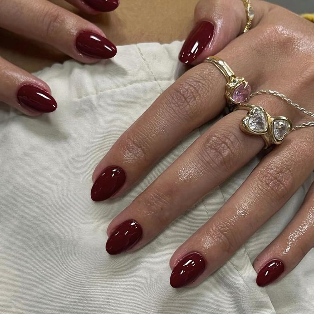 Burgundy Wine Red Short Almond Press on Nails, 24Pcs Solid Color Fake Nails for Women - Image 3