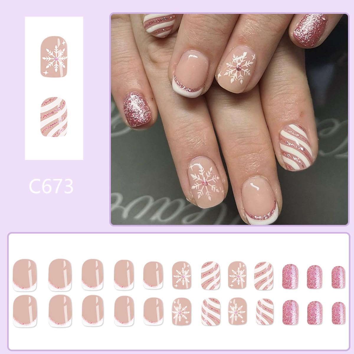 Glossy Short French Tip Fake Nails with Glitter Snowflake Design, 24 Pcs Set - Image 2