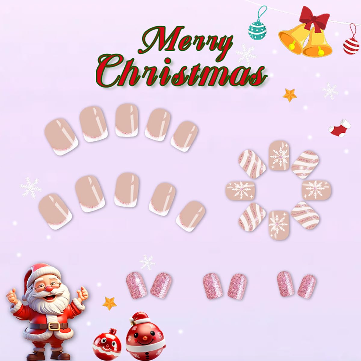 Glossy Short French Tip Fake Nails with Glitter Snowflake Design, 24 Pcs Set - Image 3