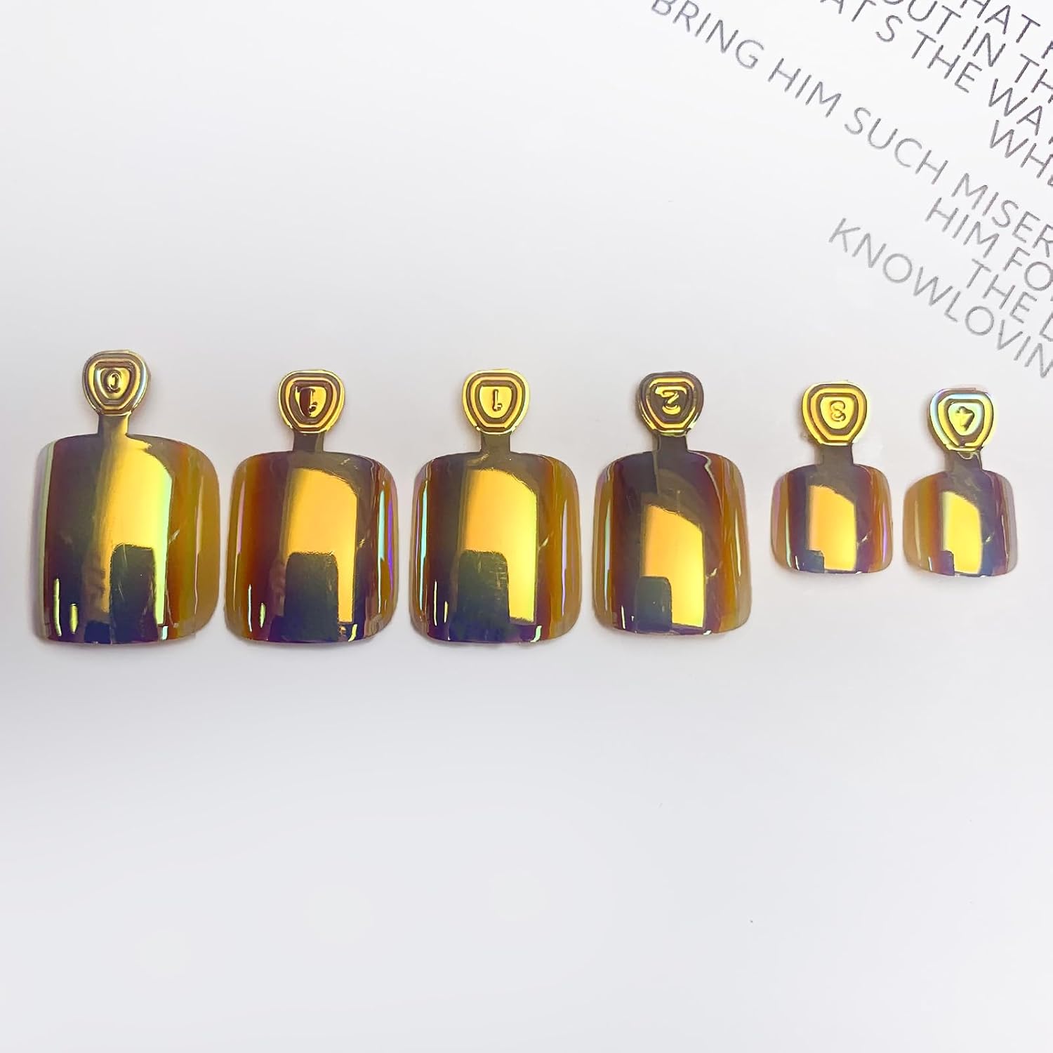 24 Pc Gold Glossy Chrome Press-On Toenails Short Square Acrylic Full Cover with Aurora Powder Designs - Image 3