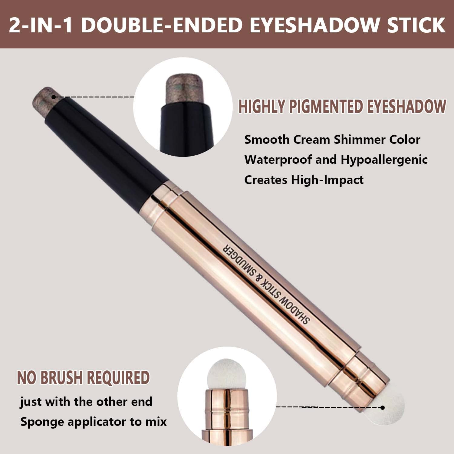 Waterproof Cocoa Brown Shimmer Eyeshadow Stick with Built-in Sponge Brush 0.12 oz - Image 2