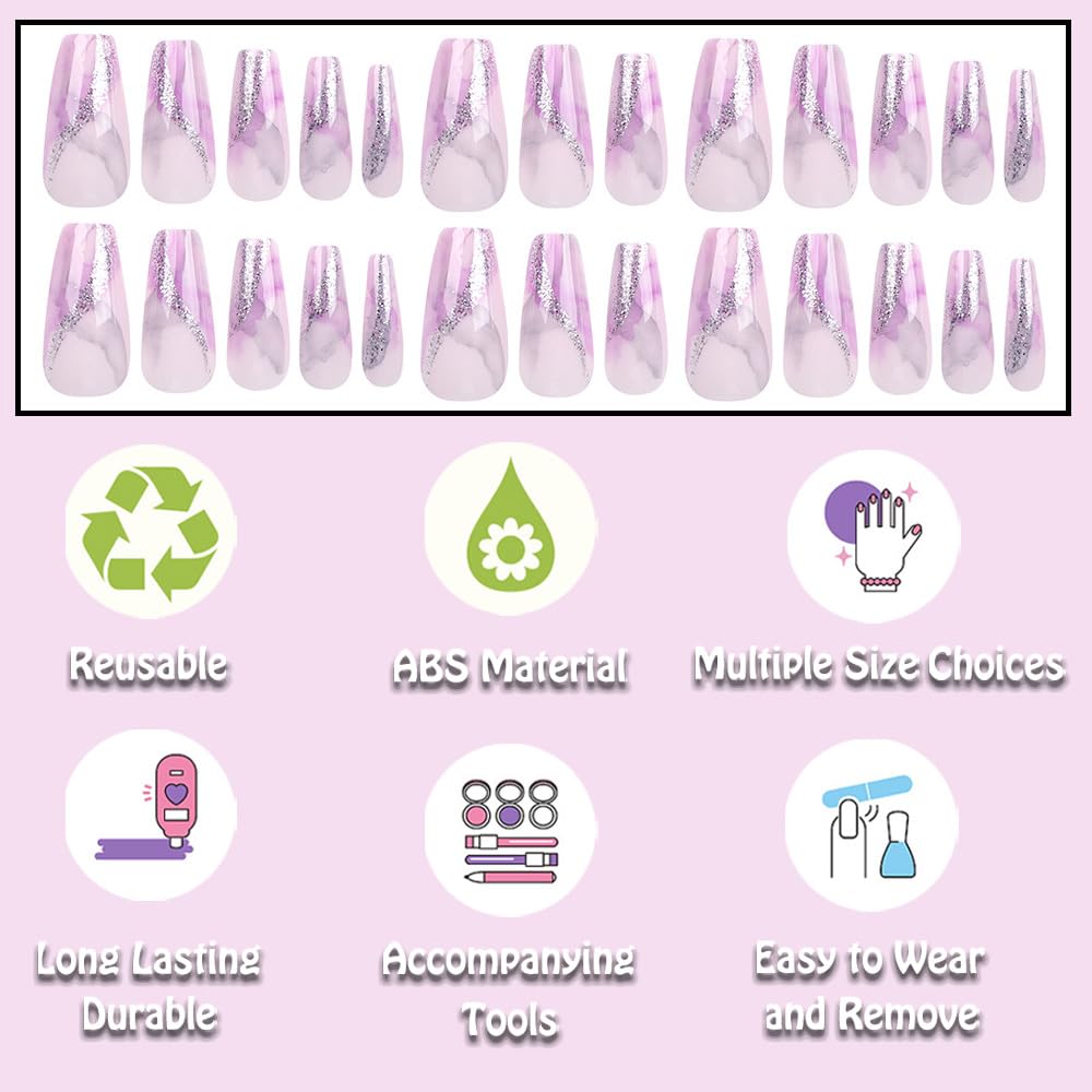 Medium Coffin Press On Nails Medium Purple Pink Marble Glitter Silver for Special Occasions - Image 3