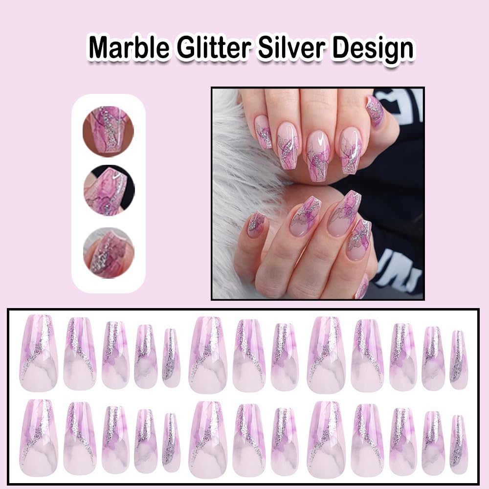 Medium Coffin Press On Nails Medium Purple Pink Marble Glitter Silver for Special Occasions - Image 2