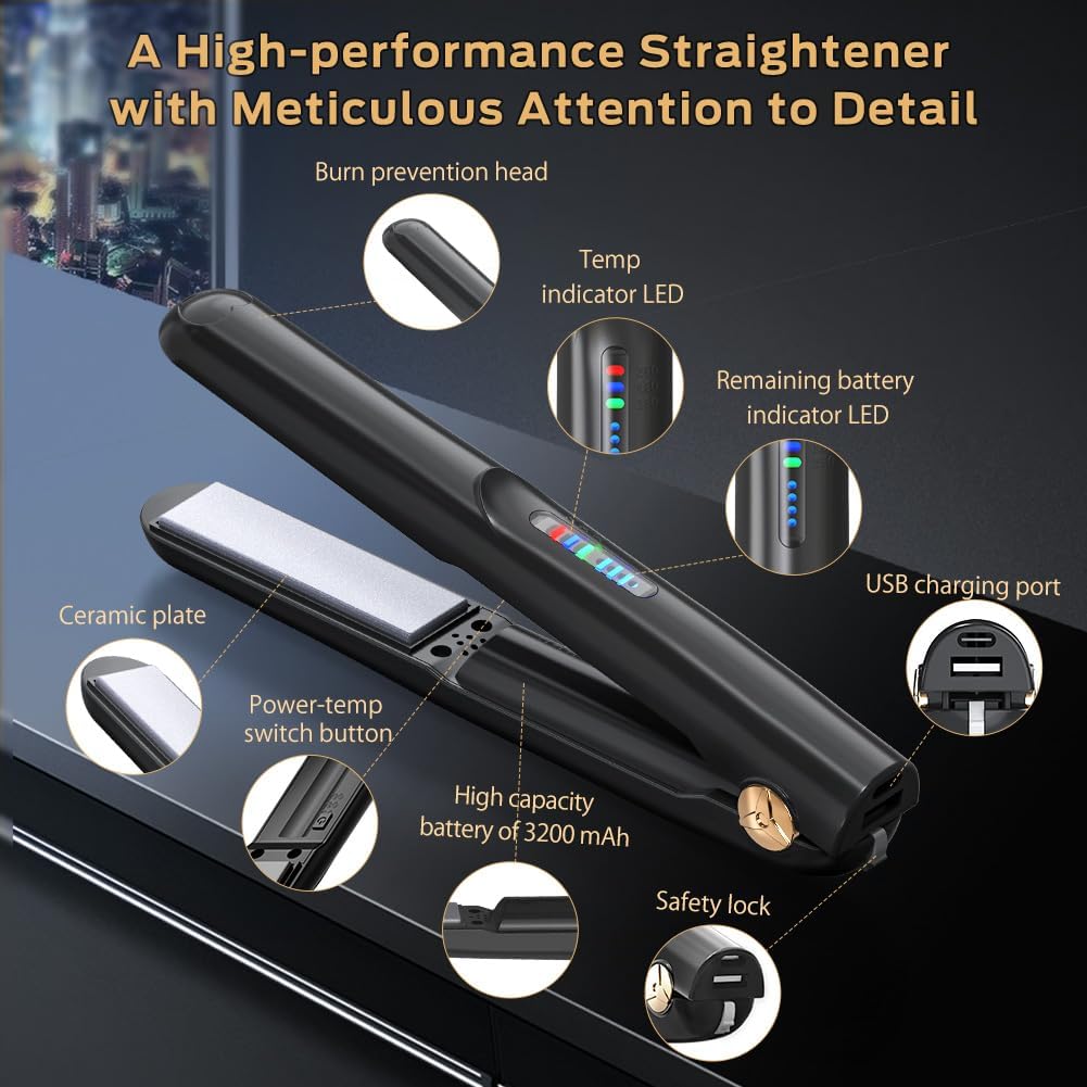 Mini Ceramic Cordless Hair Straightener and Curler, Black, Travel Size - Image 7