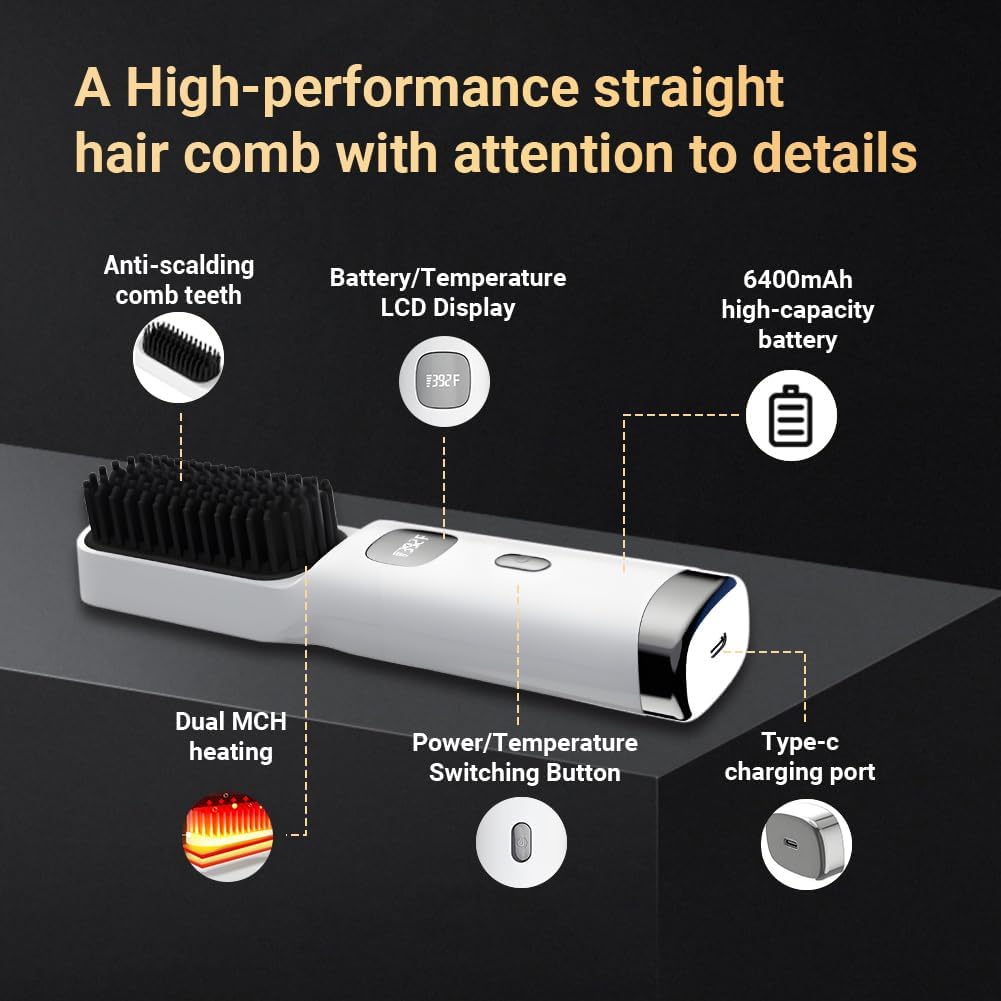Portable Cordless Hair Straightener Brush, 30-Second Fast Heating, USB Rechargeable, White, Includes Travel Pouch - Image 7