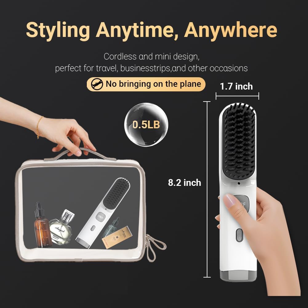 Portable Cordless Hair Straightener Brush, 30-Second Fast Heating, USB Rechargeable, White, Includes Travel Pouch - Image 6