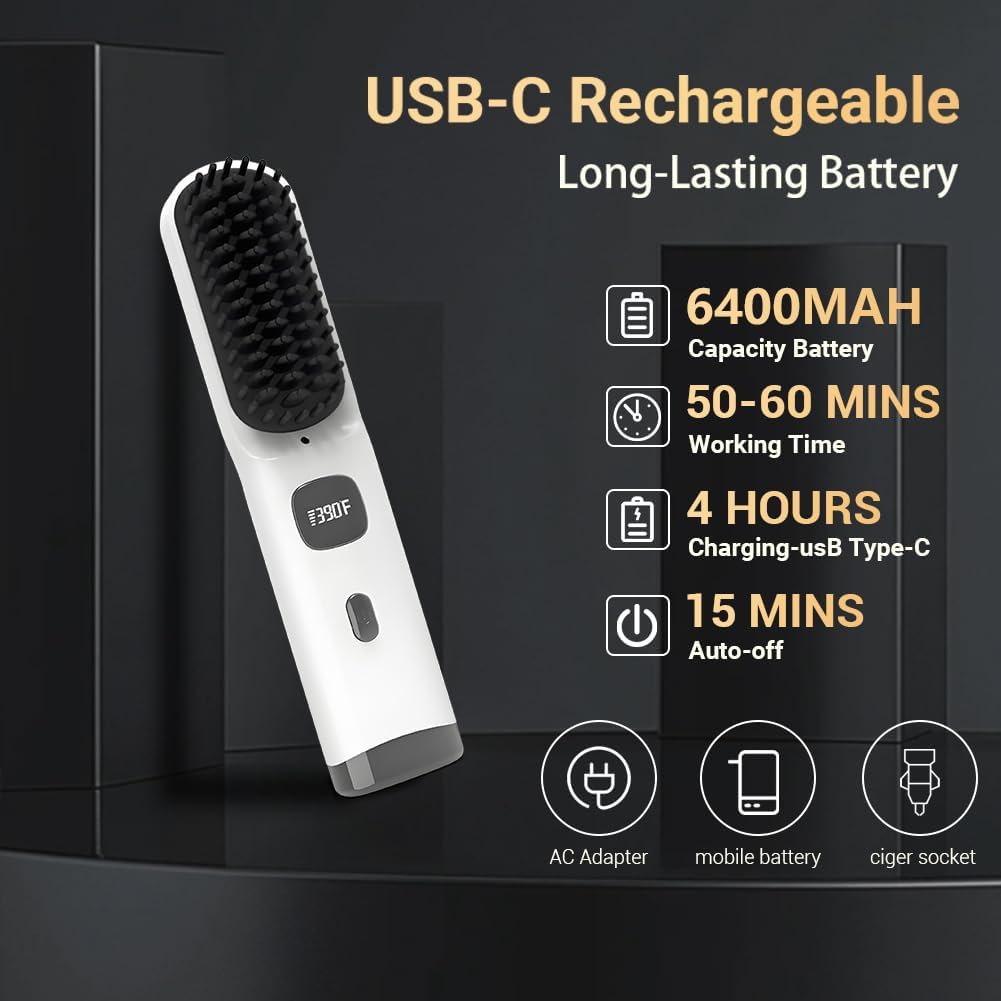Portable Cordless Hair Straightener Brush, 30-Second Fast Heating, USB Rechargeable, White, Includes Travel Pouch - Image 4