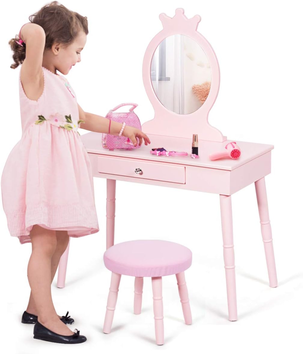 Costzon Kids Vanity Set with Cushioned Stool, Large Drawer and Crown Mirror in Pink - Image 3