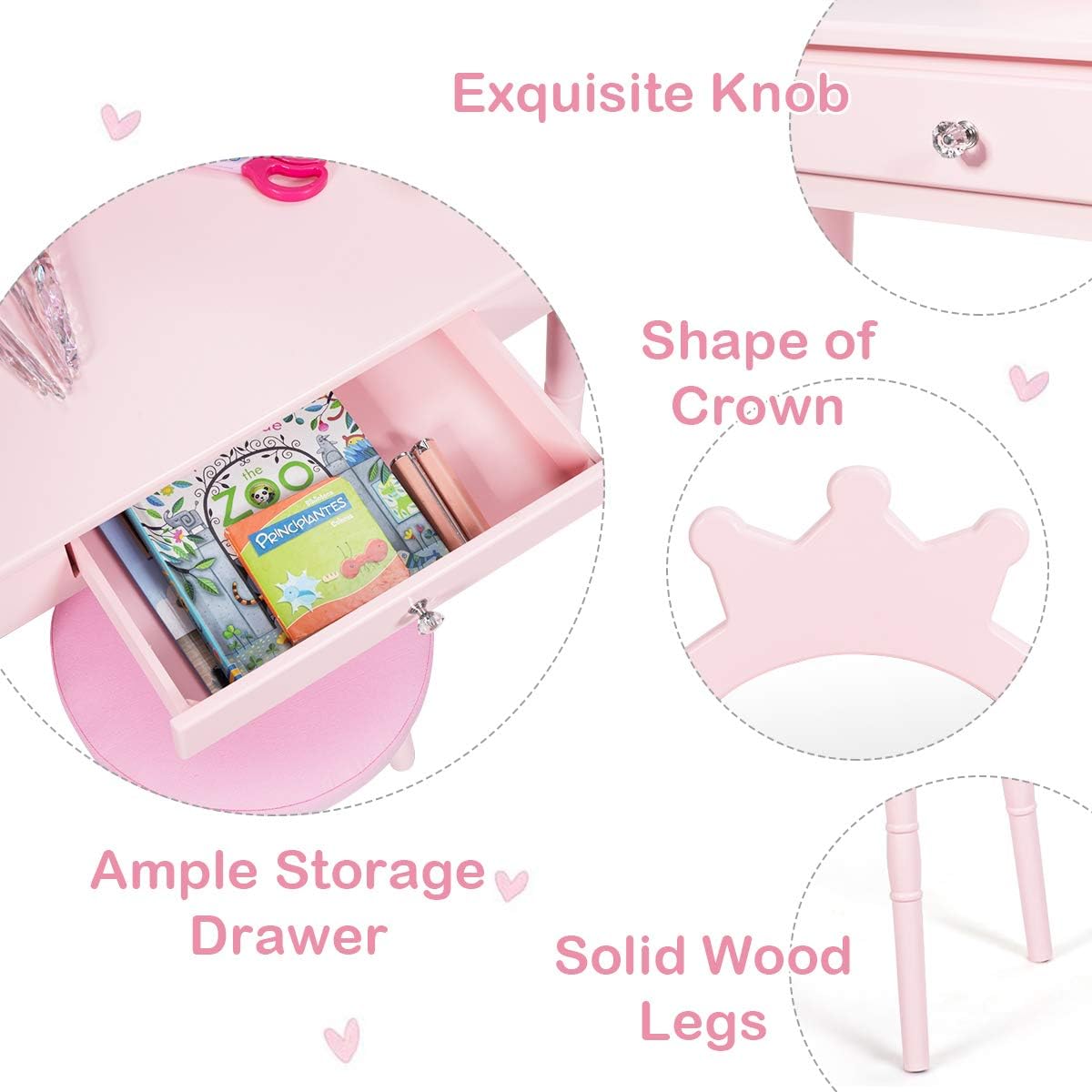 Costzon Kids Vanity Set with Cushioned Stool, Large Drawer and Crown Mirror in Pink - Image 4
