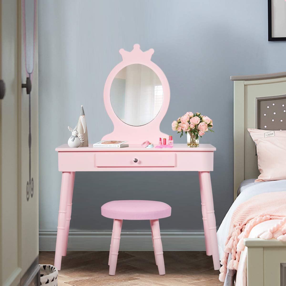 Costzon Kids Vanity Set with Cushioned Stool, Large Drawer and Crown Mirror in Pink - Image 8