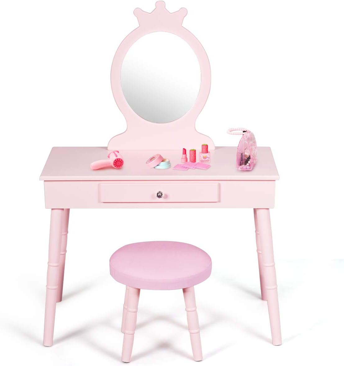 Costzon Kids Vanity Set with Cushioned Stool, Large Drawer and Crown Mirror in Pink - Image 6