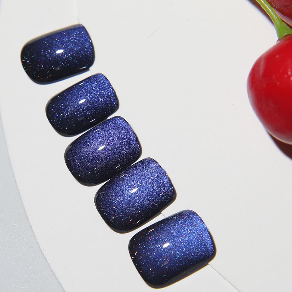 Dark Blue Glossy Short Square Cat Eye Press on Nails Reusable Acrylic Kit for Women - Image 4