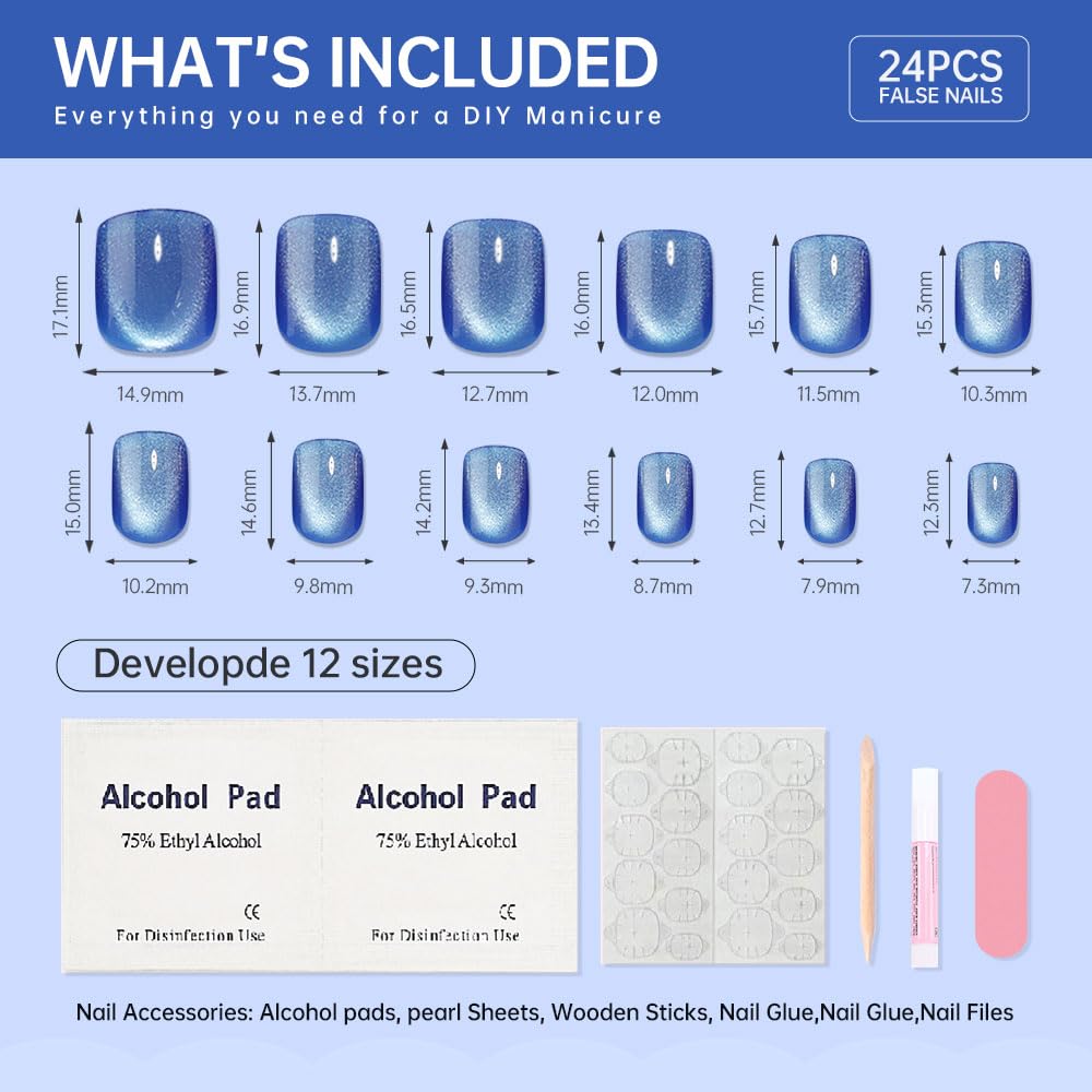 Dark Blue Glossy Short Square Cat Eye Press on Nails Reusable Acrylic Kit for Women - Image 6