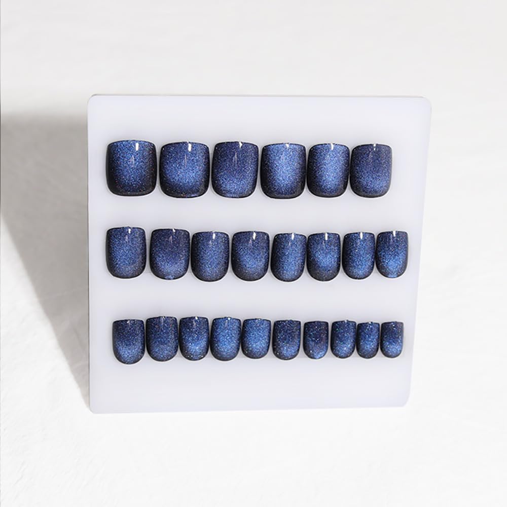 Dark Blue Glossy Short Square Cat Eye Press on Nails Reusable Acrylic Kit for Women - Image 5