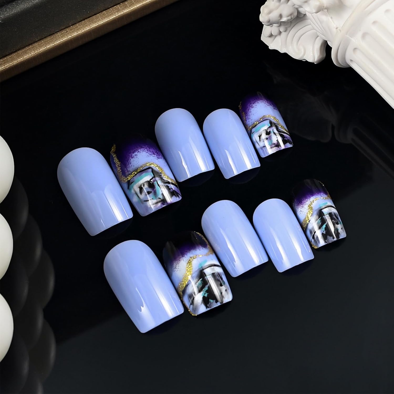 24 Pcs Medium Square Dark Purple Gradient Acrylic Press on Nails with Gold Lines - Image 2